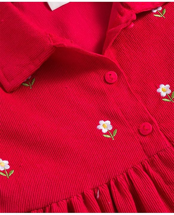 Babyhug Cotton Knit Full Sleeves Front Open Frock with Floral Embroidery - Red