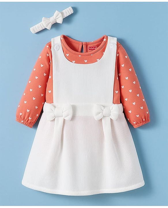 Babyhug Cotton Woven Full Sleeves Frock With Inner Tee & Polka Dot Print & Head Band - Peach & White
