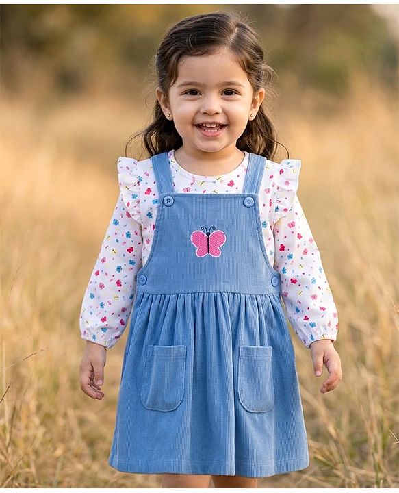 Babyhug Cotton Knit Frock & Full Sleeves Inner Tee With Butterfly Print & Embroidery - Blue & White