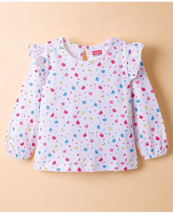 Babyhug Cotton Knit Frock & Full Sleeves Inner Tee With Butterfly Print & Embroidery - Blue & White