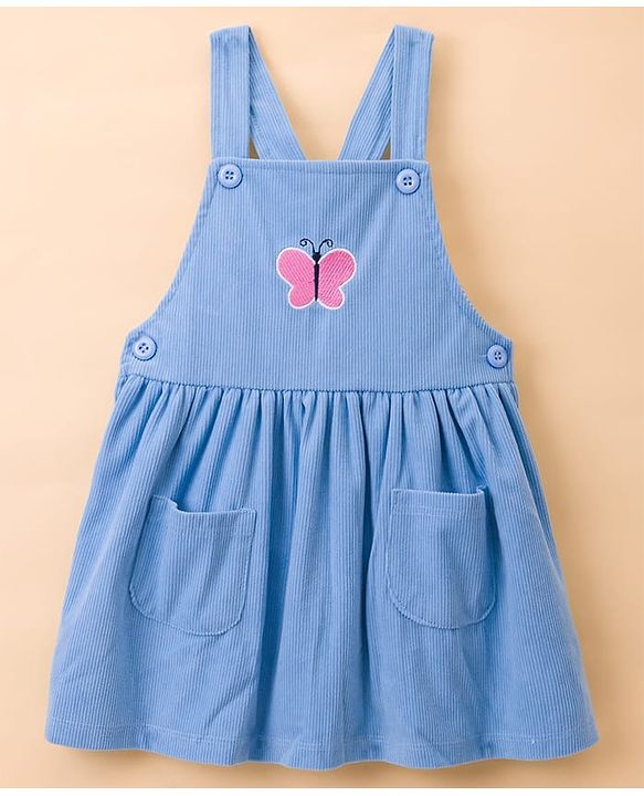 Babyhug Cotton Knit Frock & Full Sleeves Inner Tee With Butterfly Print & Embroidery - Blue & White