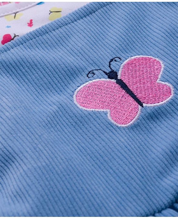 Babyhug Cotton Knit Frock & Full Sleeves Inner Tee With Butterfly Print & Embroidery - Blue & White