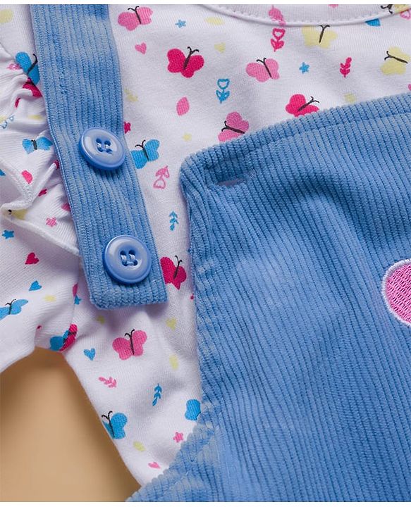 Babyhug Cotton Knit Frock & Full Sleeves Inner Tee With Butterfly Print & Embroidery - Blue & White