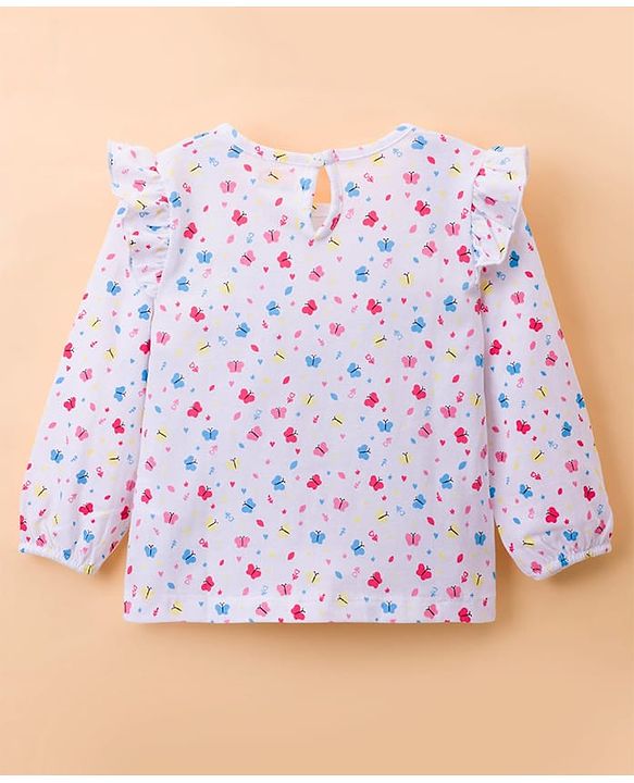 Babyhug Cotton Knit Frock & Full Sleeves Inner Tee With Butterfly Print & Embroidery - Blue & White
