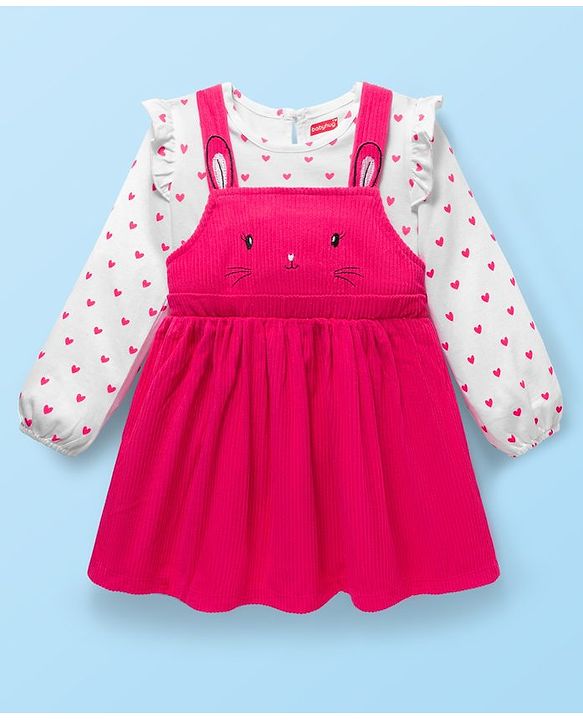 Babyhug Cotton Woven Frock with Full Sleeves Inner Tee & Heart Print - Pink & White