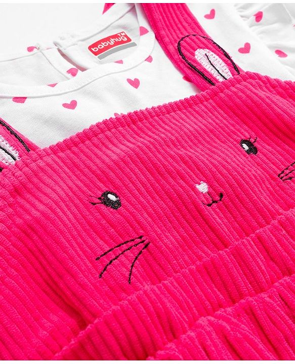 Babyhug Cotton Woven Frock with Full Sleeves Inner Tee & Heart Print - Pink & White