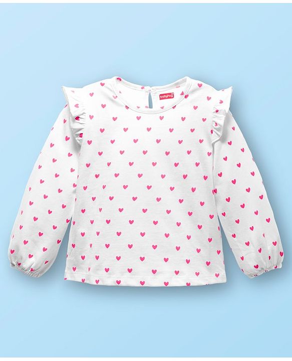 Babyhug Cotton Woven Frock with Full Sleeves Inner Tee & Heart Print - Pink & White