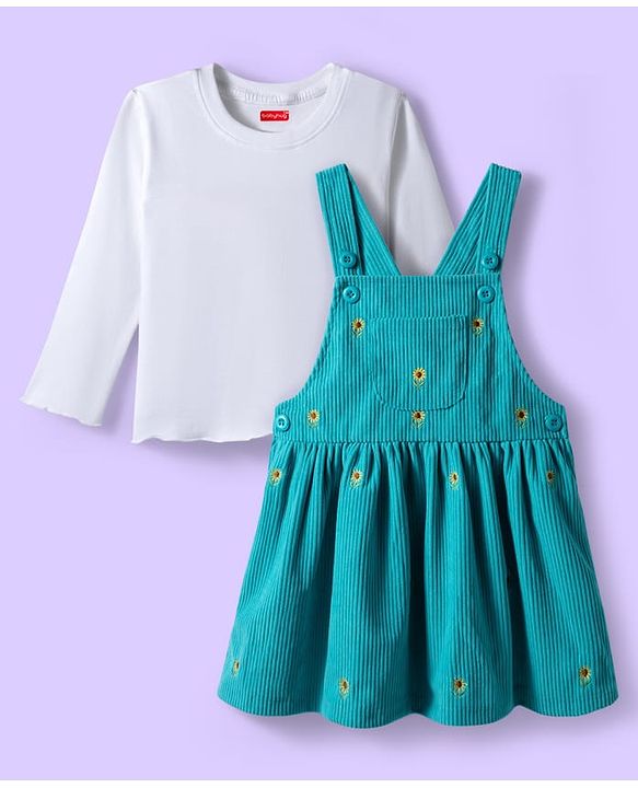 Babyhug Cotton Woven Full Sleeves Inner Tee & Frock with Sunflower Embroidery - Turquoise Blue