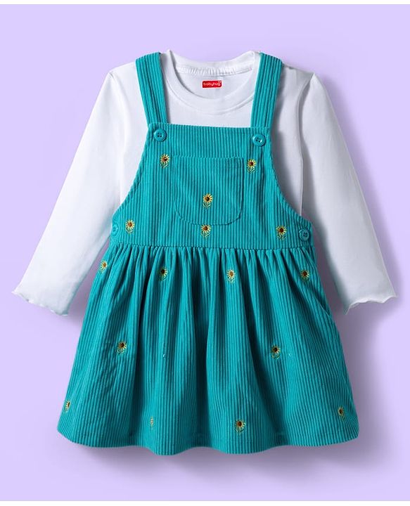 Babyhug Cotton Woven Full Sleeves Inner Tee & Frock with Sunflower Embroidery - Turquoise Blue