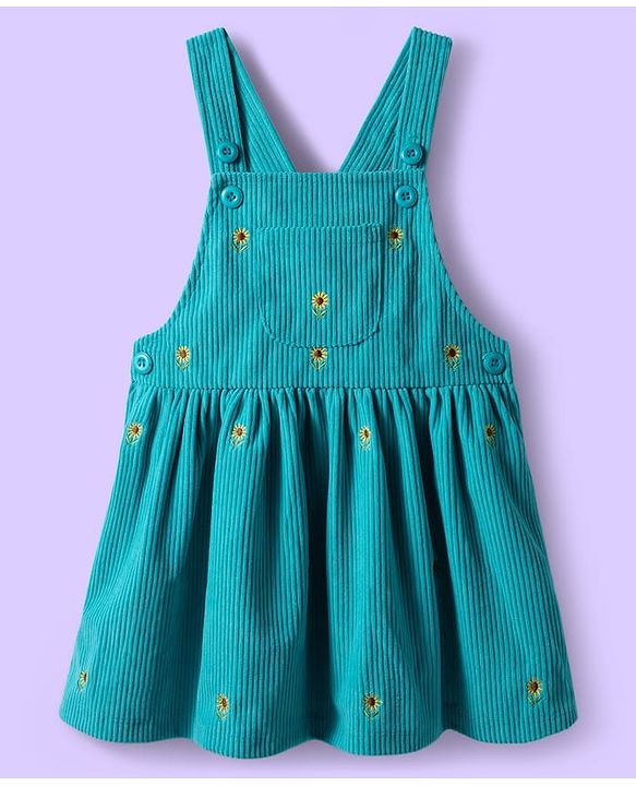 Babyhug Cotton Woven Full Sleeves Inner Tee & Frock with Sunflower Embroidery - Turquoise Blue