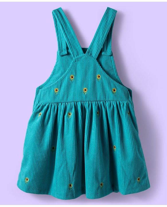 Babyhug Cotton Woven Full Sleeves Inner Tee & Frock with Sunflower Embroidery - Turquoise Blue