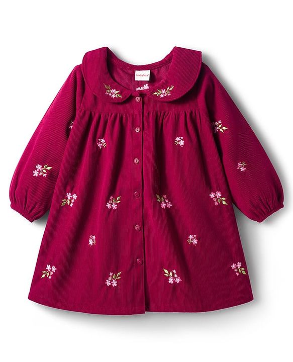 Babyhug Cotton Knit Full Sleeves Front Open Frock with Floral Embroidery - Maroon
