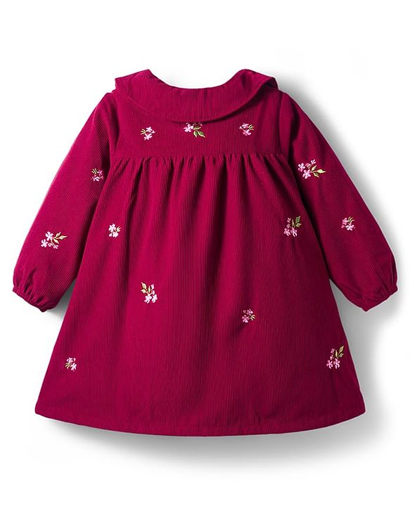 Babyhug Cotton Knit Full Sleeves Front Open Frock with Floral Embroidery - Maroon