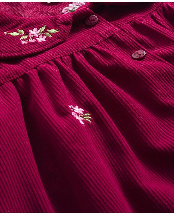 Babyhug Cotton Knit Full Sleeves Front Open Frock with Floral Embroidery - Maroon