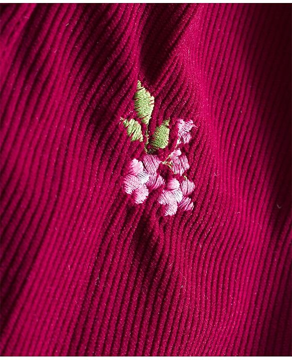 Babyhug Cotton Knit Full Sleeves Front Open Frock with Floral Embroidery - Maroon
