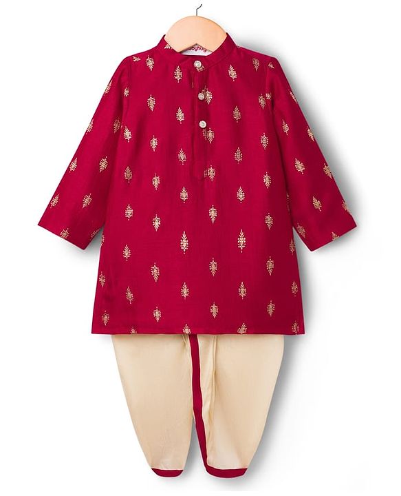 Babyhug Brocade Woven Full Sleeves Kurta Dhoti Set With Floral Foil Print - Red