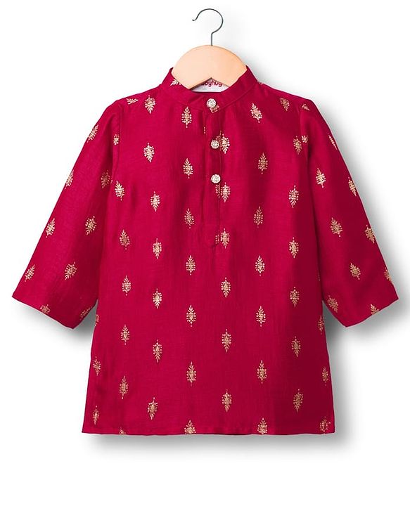 Babyhug Brocade Woven Full Sleeves Kurta Dhoti Set With Floral Foil Print - Red
