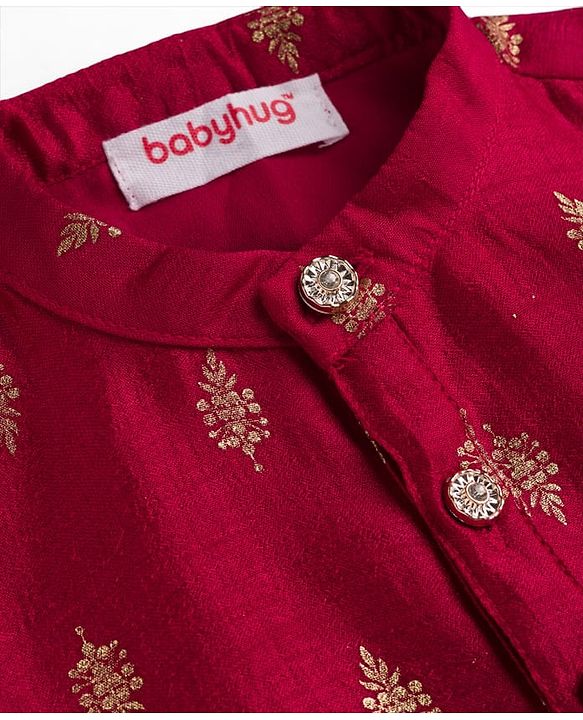 Babyhug Brocade Woven Full Sleeves Kurta Dhoti Set With Floral Foil Print - Red
