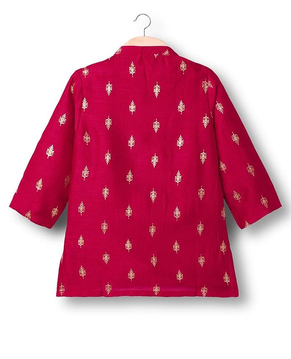 Babyhug Brocade Woven Full Sleeves Kurta Dhoti Set With Floral Foil Print - Red