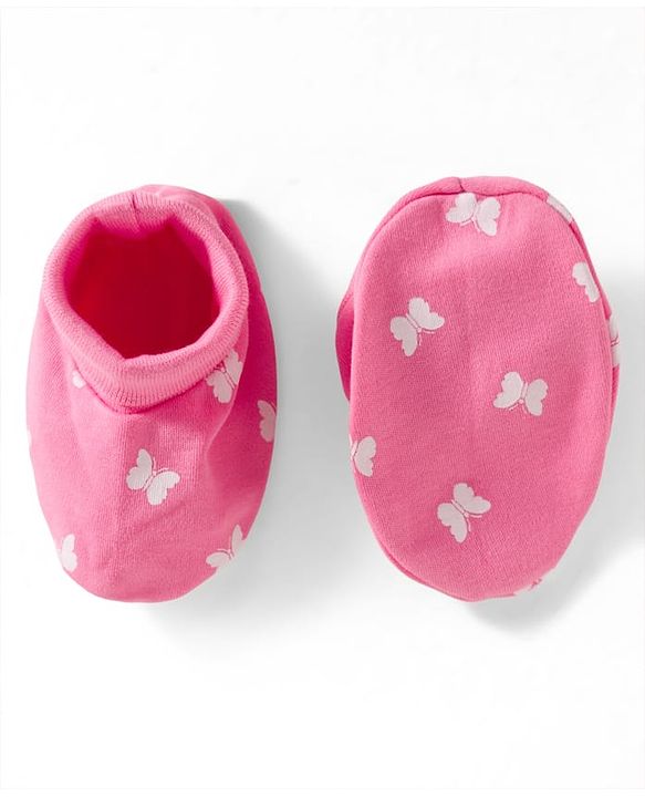 Babyhug 100% Cotton Mittens & Booties Set With Butterfly Print - Pink