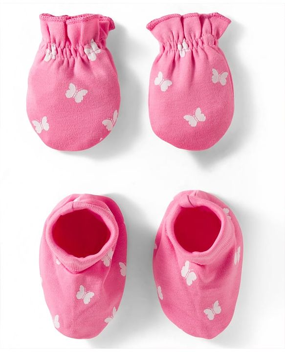 Babyhug 100% Cotton Mittens & Booties Set With Butterfly Print - Pink
