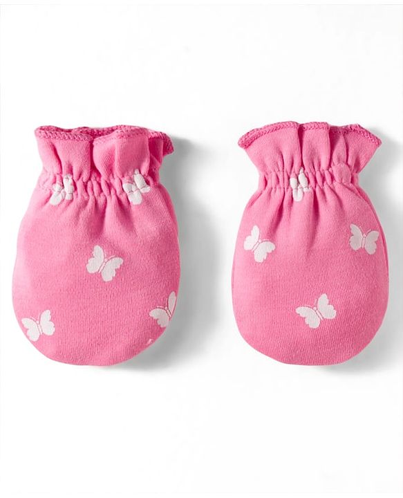Babyhug 100% Cotton Mittens & Booties Set With Butterfly Print - Pink