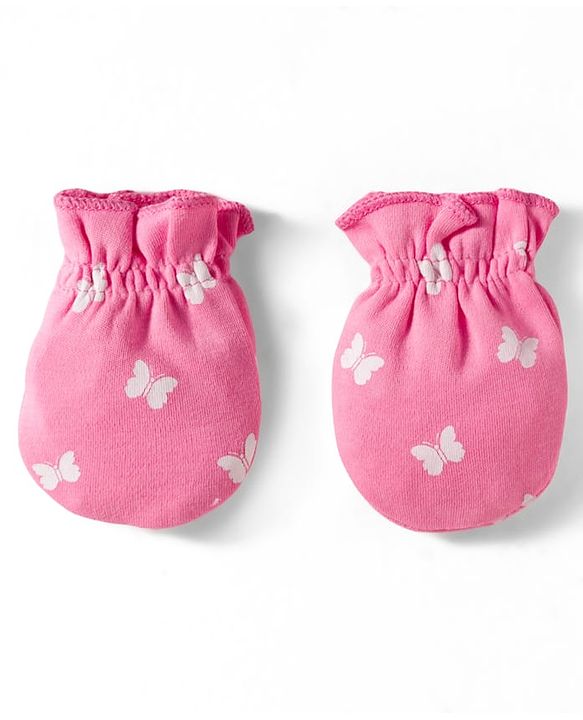 Babyhug 100% Cotton Mittens & Booties Set With Butterfly Print - Pink
