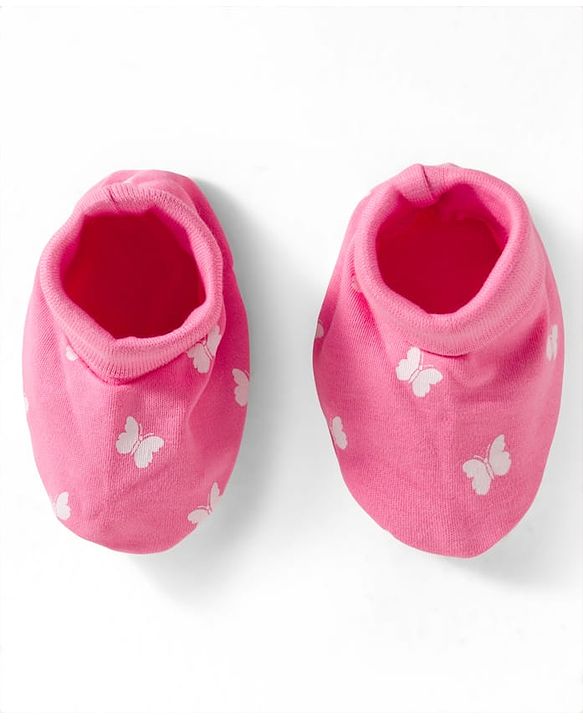 Babyhug 100% Cotton Mittens & Booties Set With Butterfly Print - Pink