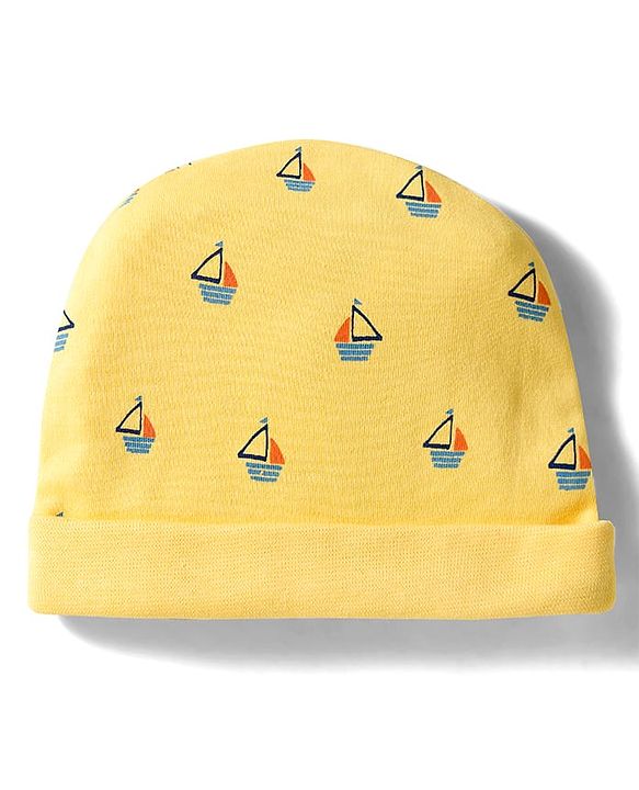 Babyhug 100% Cotton Interlock Knit Cap Mittens & Booties Set With Nautical Print Yellow - Diameter 10 cm