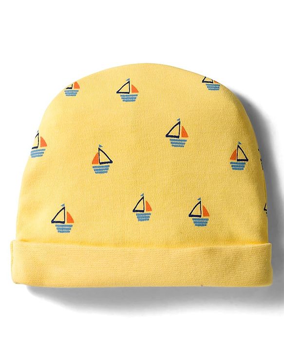 Babyhug 100% Cotton Interlock Knit Cap Mittens & Booties Set With Nautical Print Yellow - Diameter 10 cm
