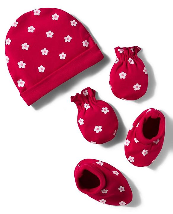 Babyhug 100% Cotton Knit Cap Mittens & Booties Set with Floral Print Red - Diameter 11 cm
