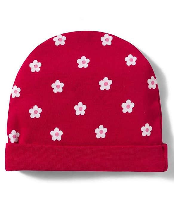 Babyhug 100% Cotton Knit Cap Mittens & Booties Set with Floral Print Red - Diameter 11 cm