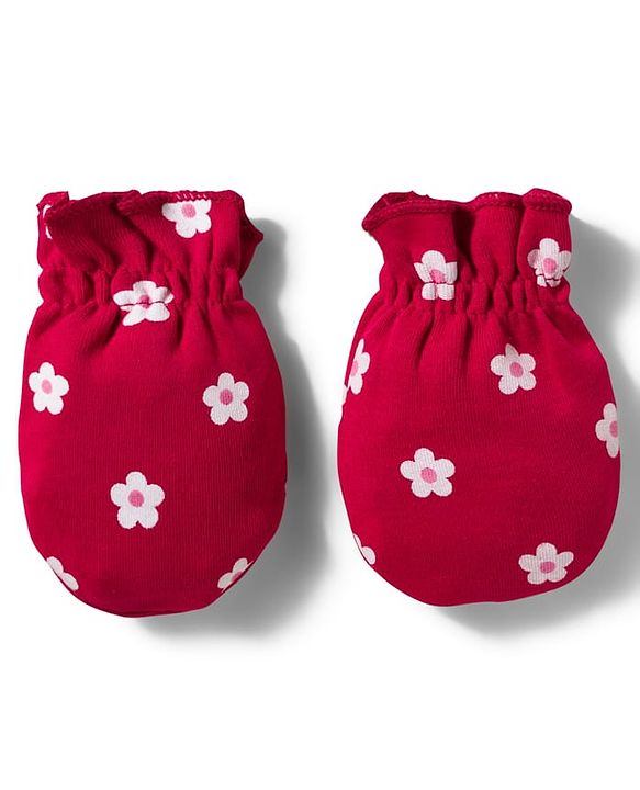 Babyhug 100% Cotton Knit Cap Mittens & Booties Set with Floral Print Red - Diameter 11 cm