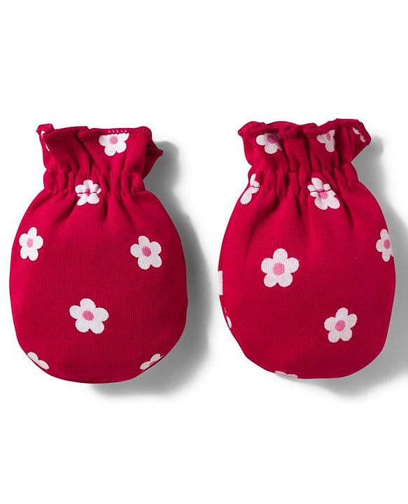 Babyhug 100% Cotton Knit Cap Mittens & Booties Set with Floral Print Red - Diameter 11 cm