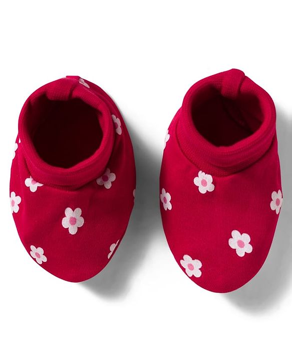 Babyhug 100% Cotton Knit Cap Mittens & Booties Set with Floral Print Red - Diameter 11 cm