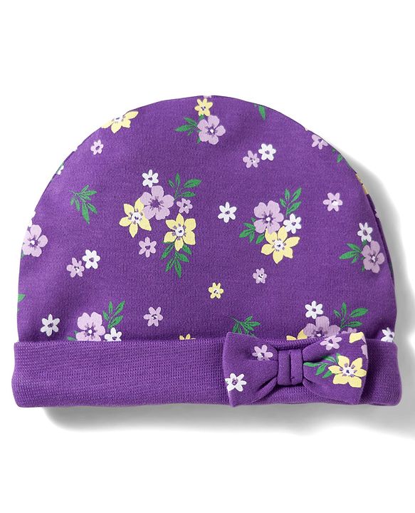 Babyhug 100% Cotton Knit Cap Mittens And Booties Set with Floral Printed Purple - 10 cm Diameter