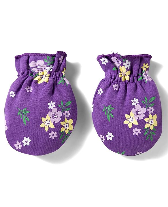 Babyhug 100% Cotton Knit Cap Mittens And Booties Set with Floral Printed Purple - 10 cm Diameter