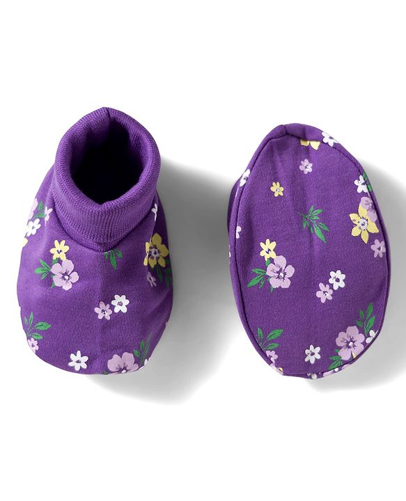 Babyhug 100% Cotton Knit Cap Mittens And Booties Set with Floral Printed Purple - 10 cm Diameter