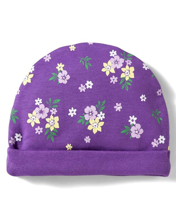 Babyhug 100% Cotton Knit Cap Mittens And Booties Set with Floral Printed Purple - 10 cm Diameter