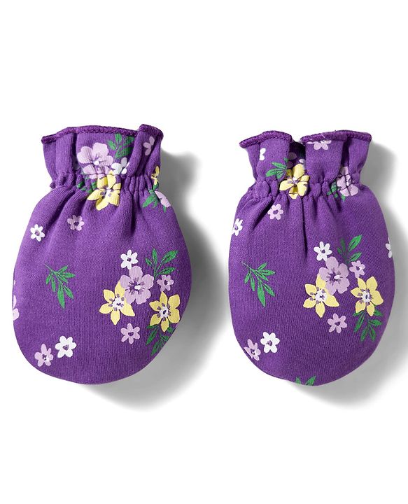 Babyhug 100% Cotton Knit Cap Mittens And Booties Set with Floral Printed Purple - 10 cm Diameter