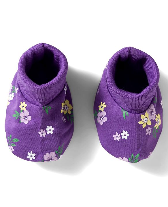 Babyhug 100% Cotton Knit Cap Mittens And Booties Set with Floral Printed Purple - 10 cm Diameter