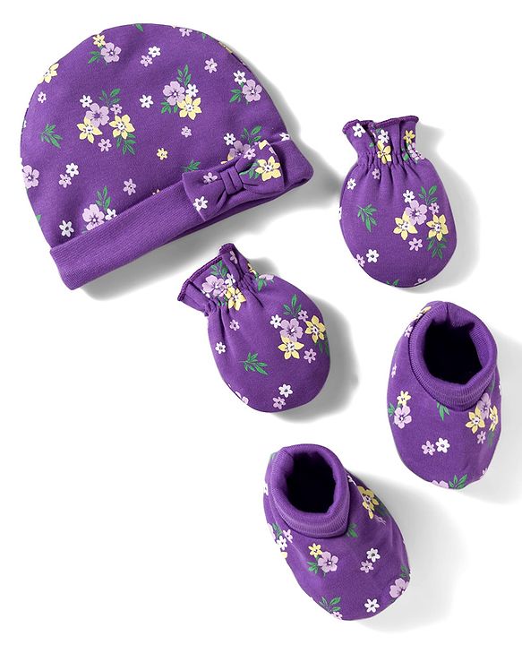 Babyhug 100% Cotton Knit Cap Mittens And Booties Set with Floral Printed Purple - 10 cm Diameter