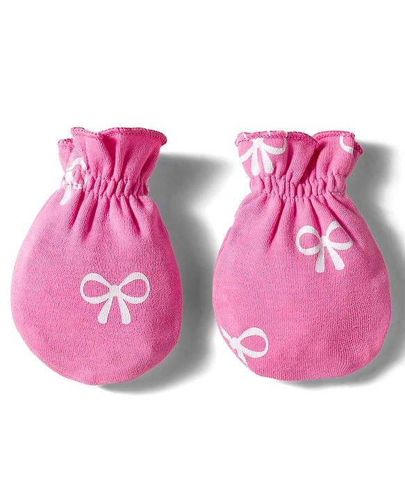 Babyhug 100% Cotton Knit Cap Mittens & Booties Set With Bow Print Pink - Diameter 10 cm