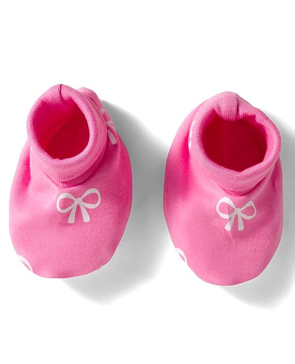 Babyhug 100% Cotton Knit Cap Mittens & Booties Set With Bow Print Pink - Diameter 10 cm