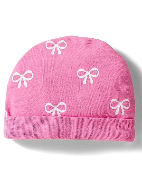 Babyhug 100% Cotton Knit Cap Mittens & Booties Set With Bow Print Pink - Diameter 10 cm