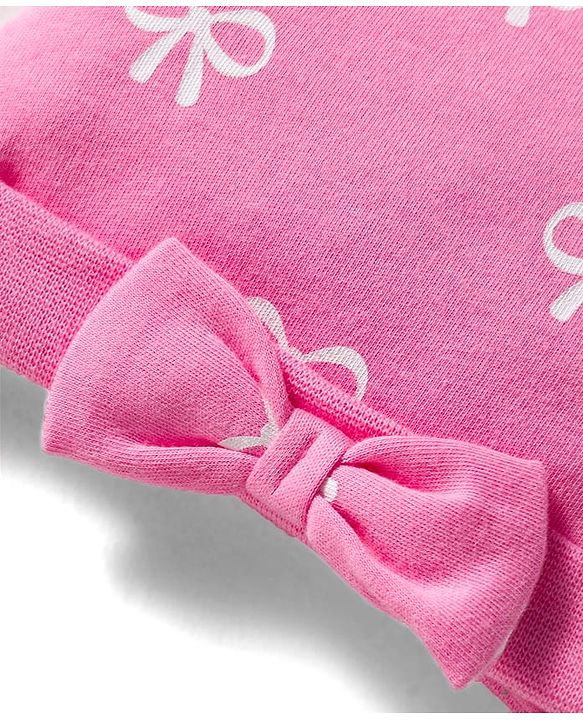 Babyhug 100% Cotton Knit Cap Mittens & Booties Set With Bow Print Pink - Diameter 10 cm
