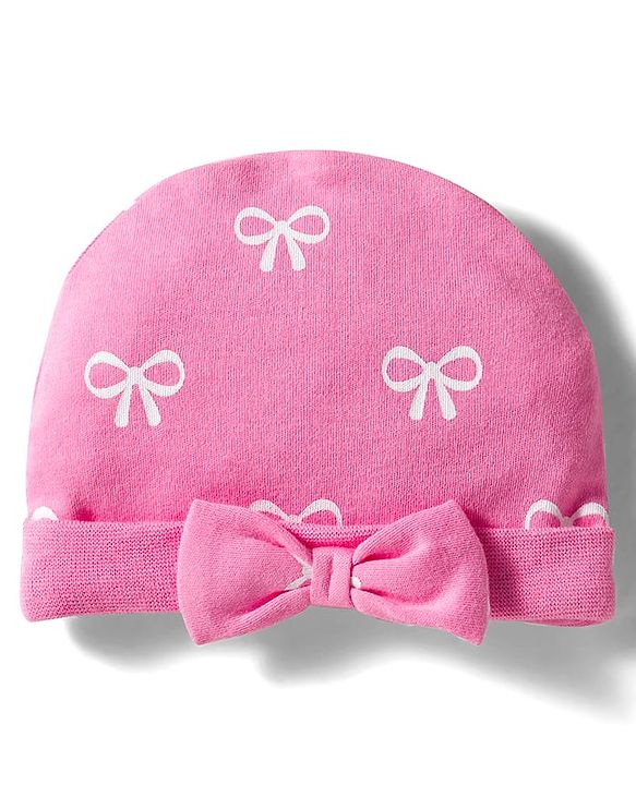 Babyhug 100% Cotton Knit Cap Mittens & Booties Set With Bow Print Pink - Diameter 10 cm