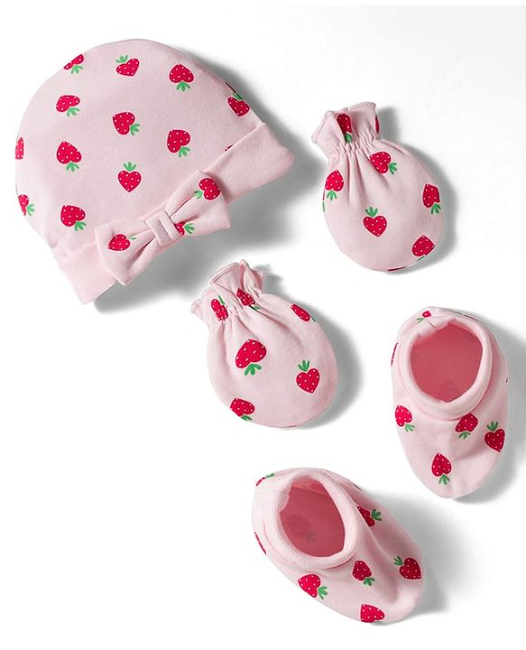 Babyhug 100% Cotton Interlock Knit Cap Mittens & Booties Set with Strawberry Print Pink - Diameter 11 cm