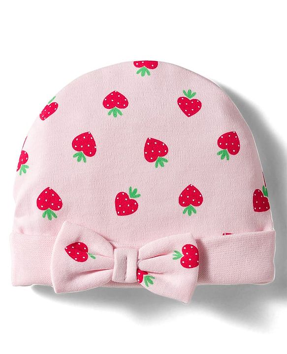 Babyhug 100% Cotton Interlock Knit Cap Mittens & Booties Set with Strawberry Print Pink - Diameter 11 cm