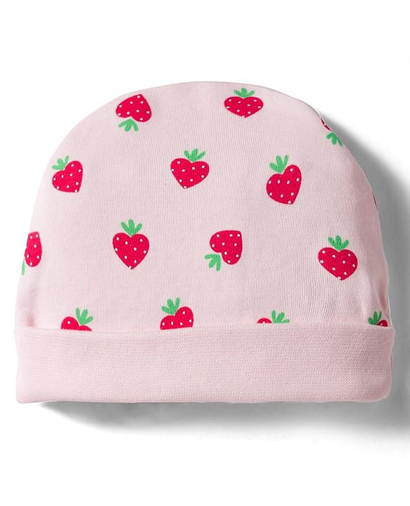 Babyhug 100% Cotton Interlock Knit Cap Mittens & Booties Set with Strawberry Print Pink - Diameter 11 cm